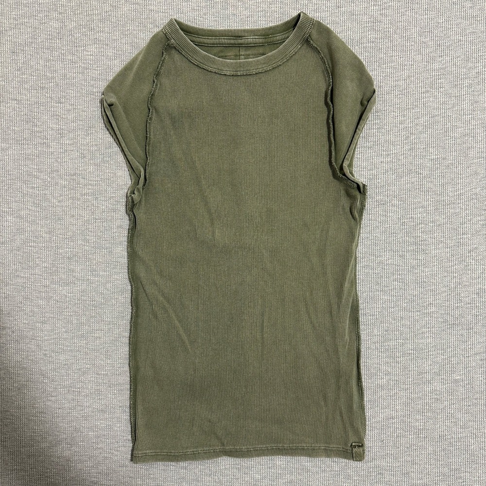 We The Free Free People Ribbed Cap Sleeve Exposed Seam Tee Olive Green Small